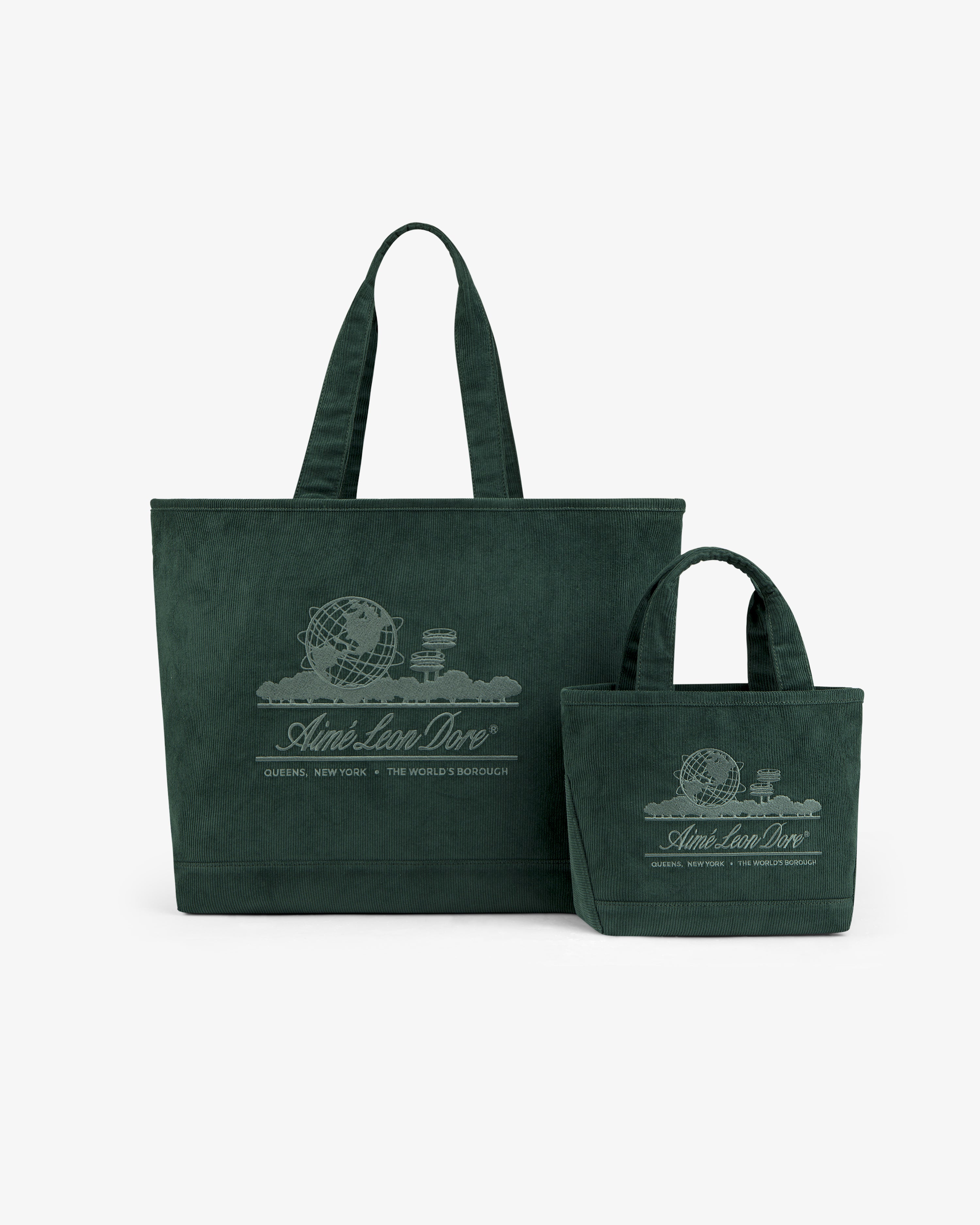 Large and small dark green Mini Corduroy Unisphere Tote Bags with an embroidered logo and brand text.
