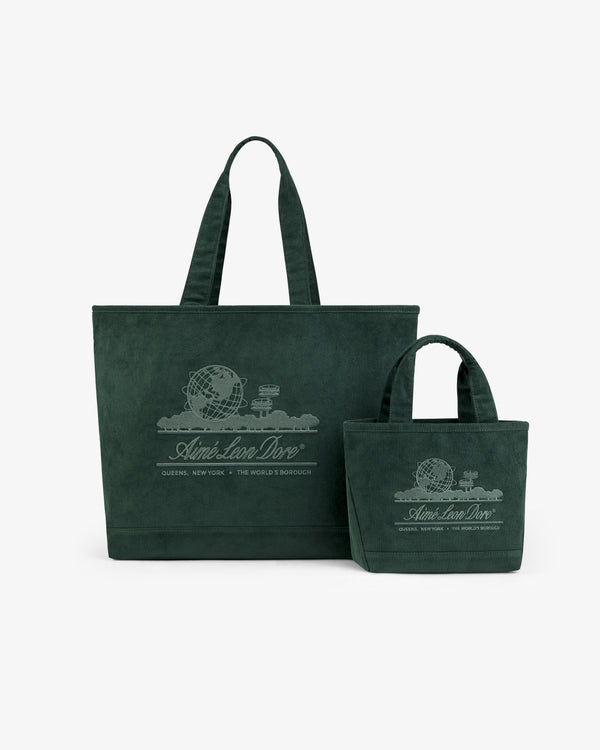 Large and small dark green Mini Corduroy Unisphere Tote Bags with an embroidered logo and brand text.