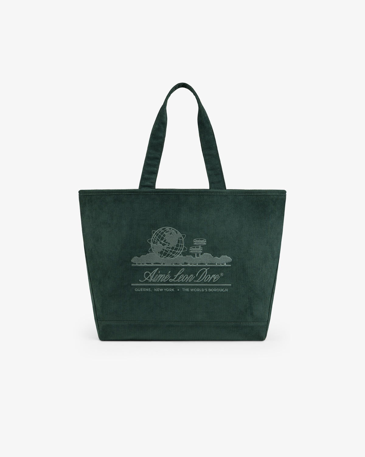 Dark green Large Corduroy Unisphere Tote Bag with an embroidered globe logo and text on the front.