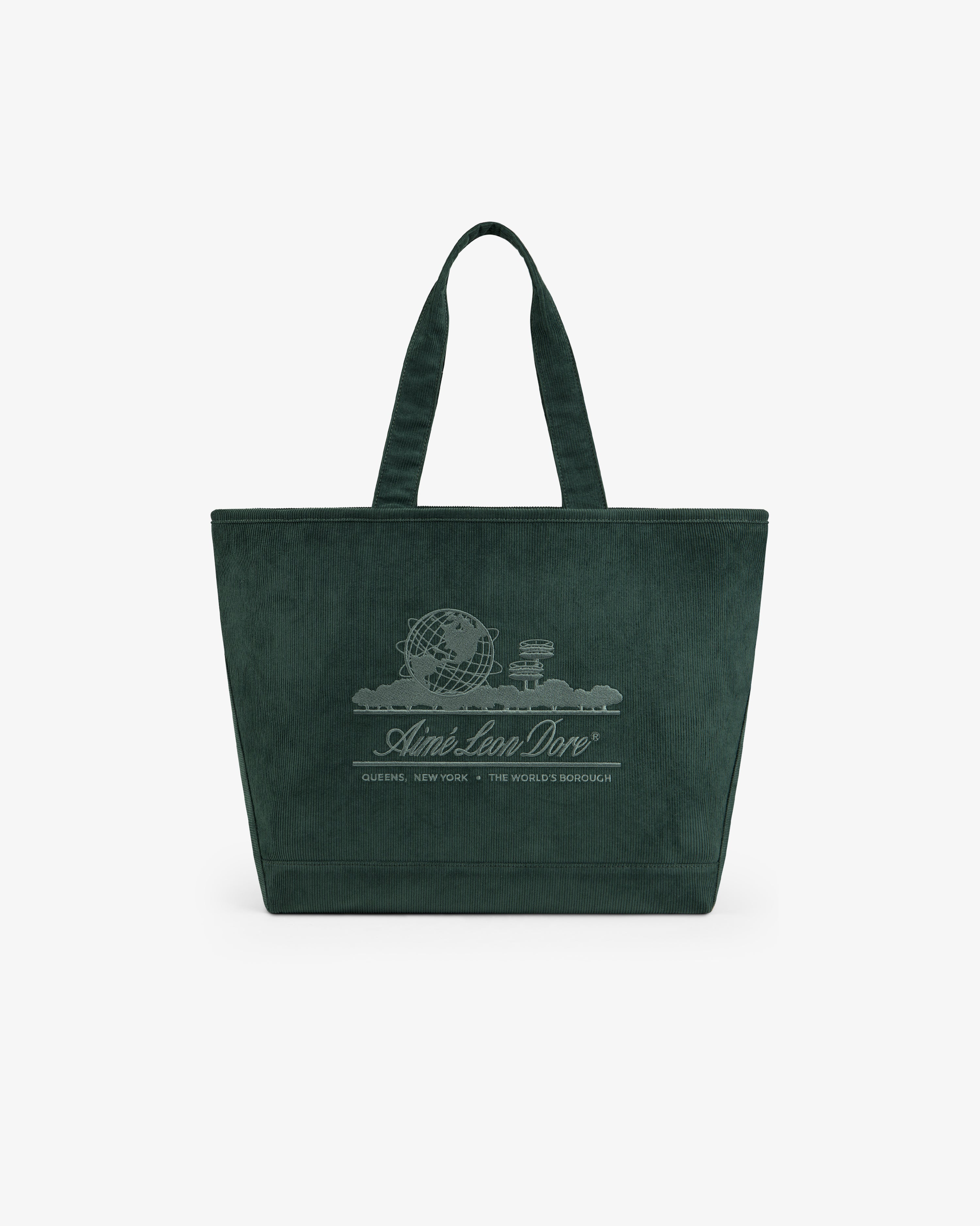 Dark green Large Corduroy Unisphere Tote Bag with an embroidered globe logo and text on the front.