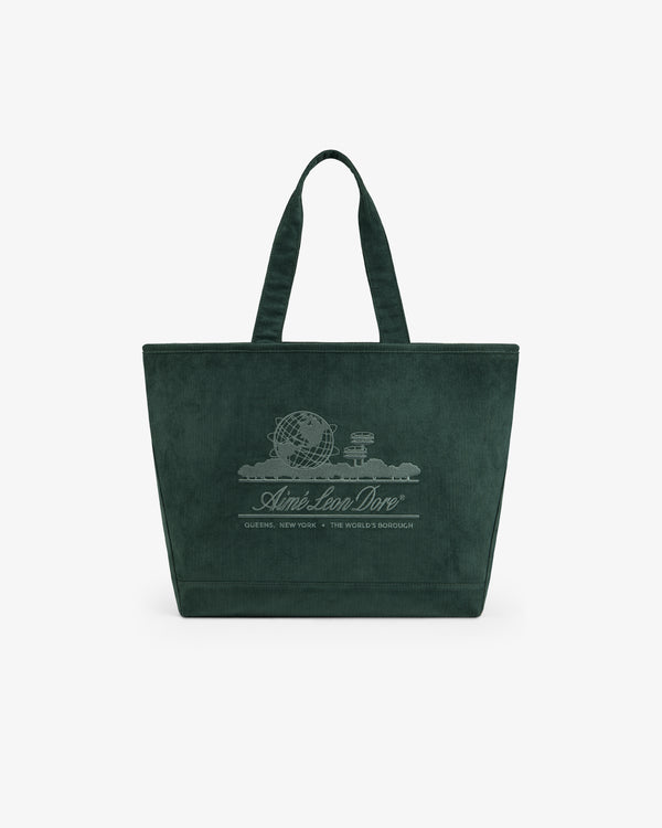 Dark green Large Corduroy Unisphere Tote Bag with an embroidered globe logo and text on the front.