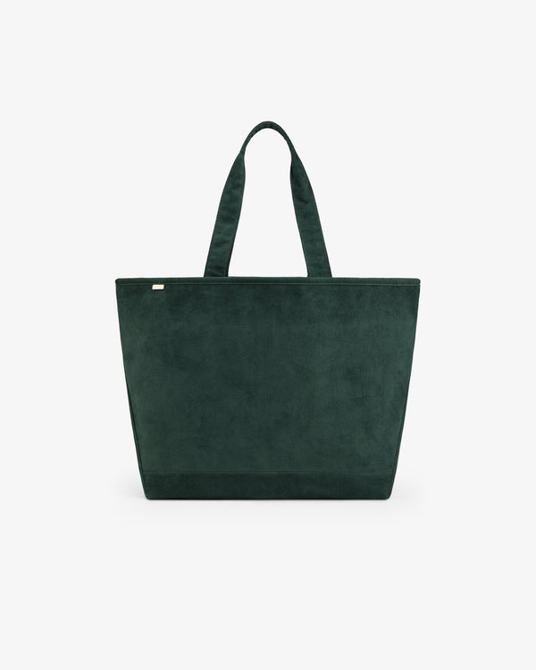 Large Corduroy Unisphere Tote Bag in dark green with two shoulder straps.