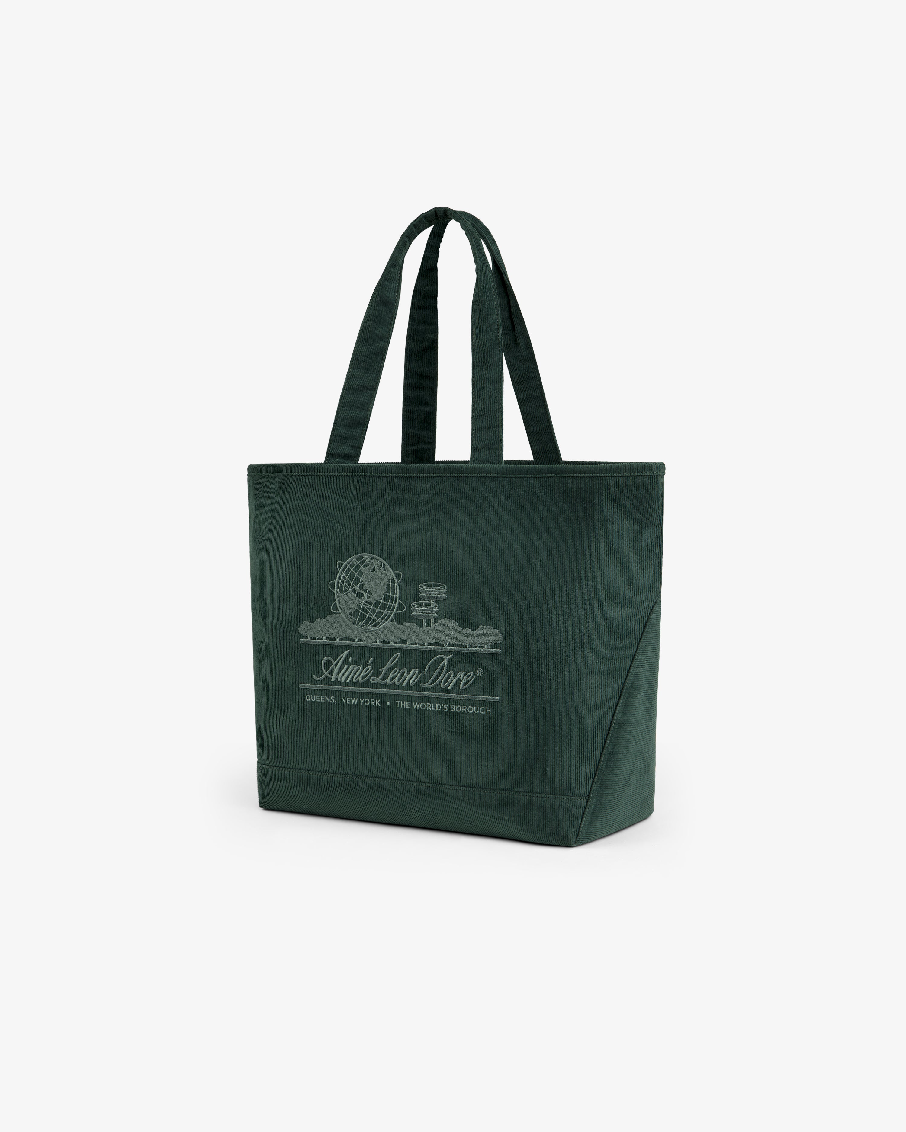 Large Corduroy Unisphere Tote Bag in dark green with a white globe graphic and text.