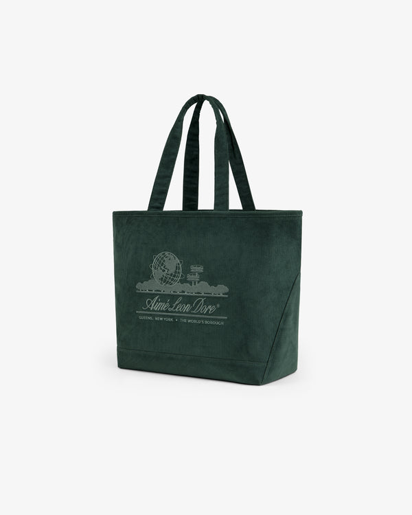 Large Corduroy Unisphere Tote Bag in dark green with a white globe graphic and text.