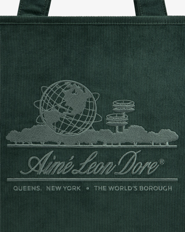 Large Corduroy Unisphere Tote Bag in dark green, featuring an embroidered globe, towers, and Aimé Leon Dore branding.