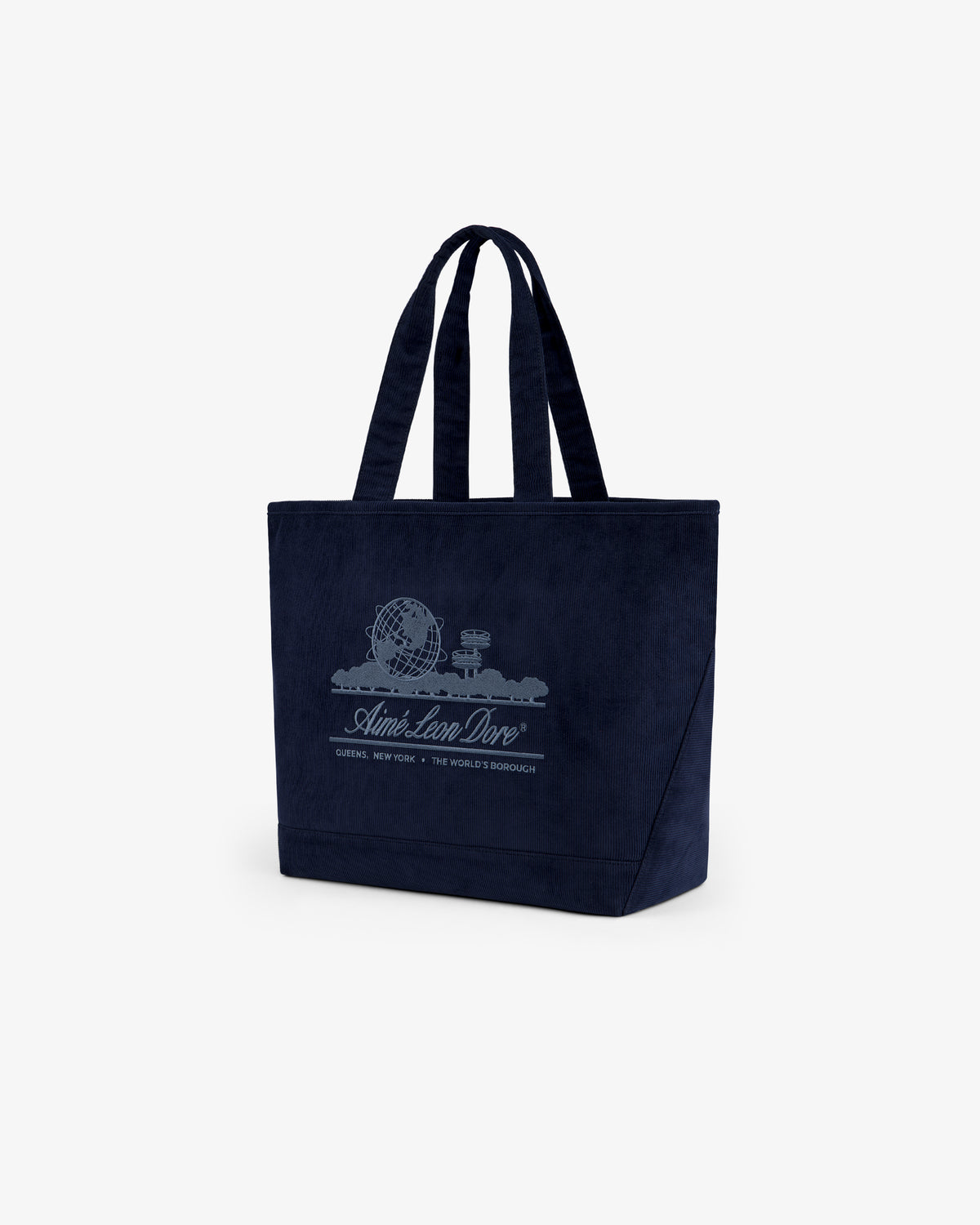 Large Corduroy Unisphere Tote Bag in navy featuring an embroidered Unisphere graphic and text.