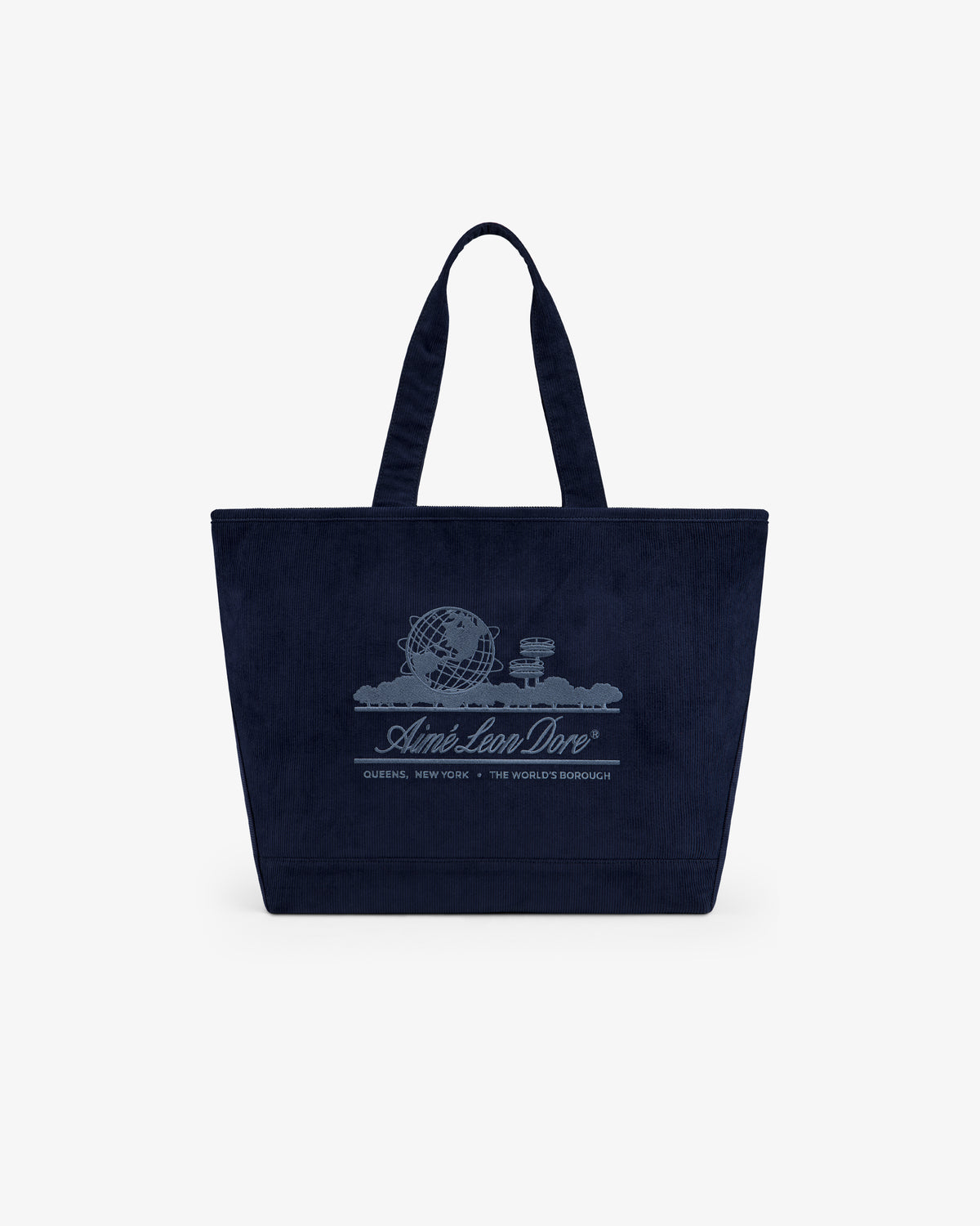 Large Corduroy Unisphere Tote Bag in dark navy, featuring an embroidered globe icon and logo text on the front.