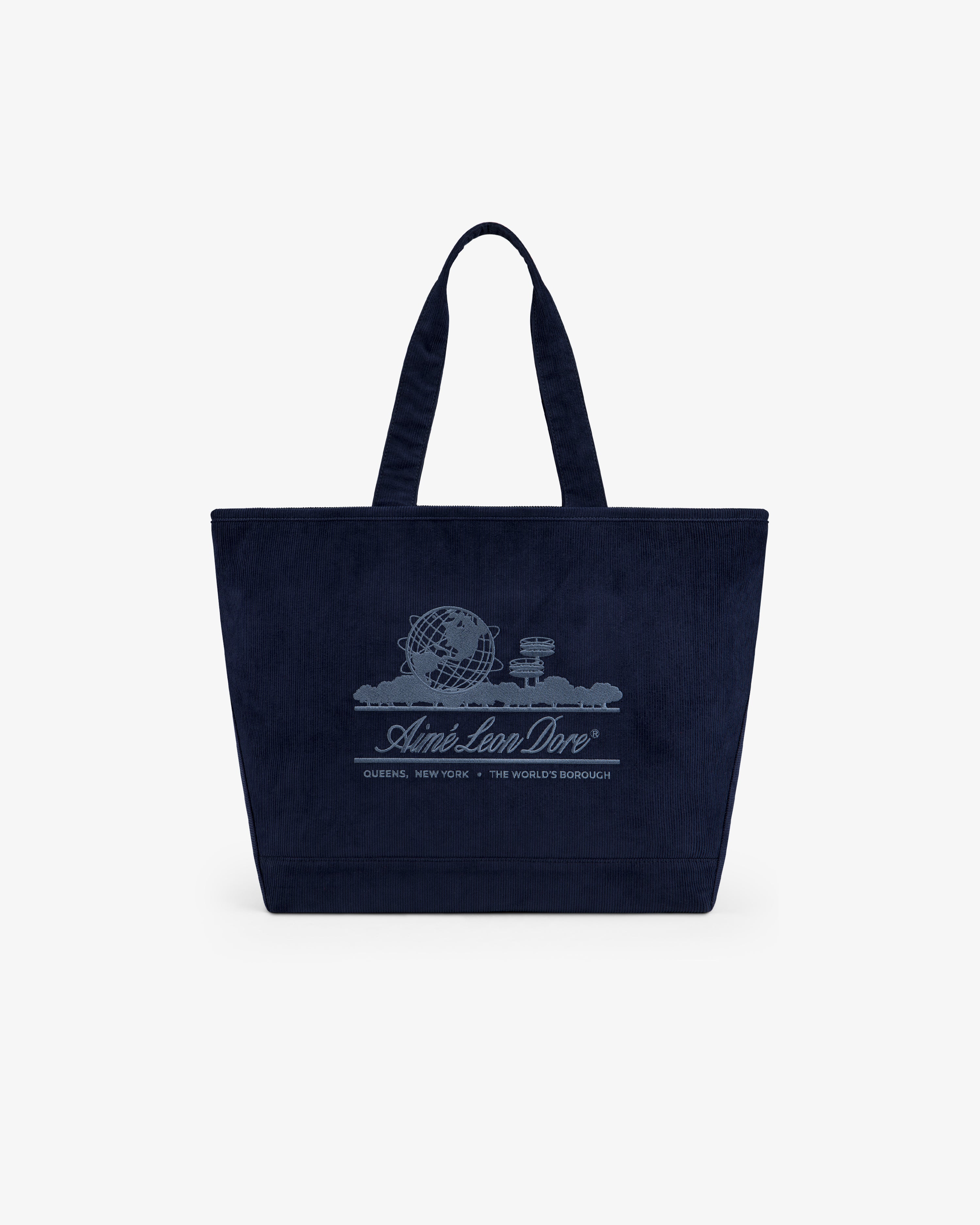 Large Corduroy Unisphere Tote Bag in dark navy, featuring an embroidered globe icon and logo text on the front.