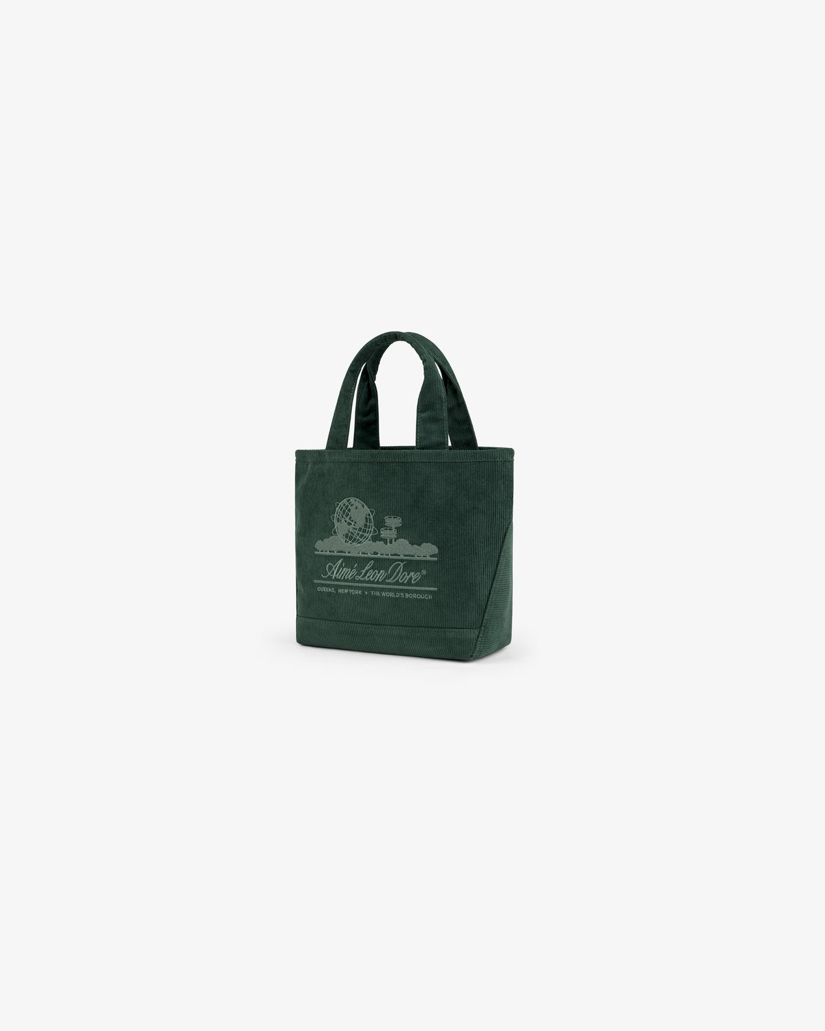 Dark green Mini Corduroy Unisphere Tote Bag with a globe logo and white text printed on the front.