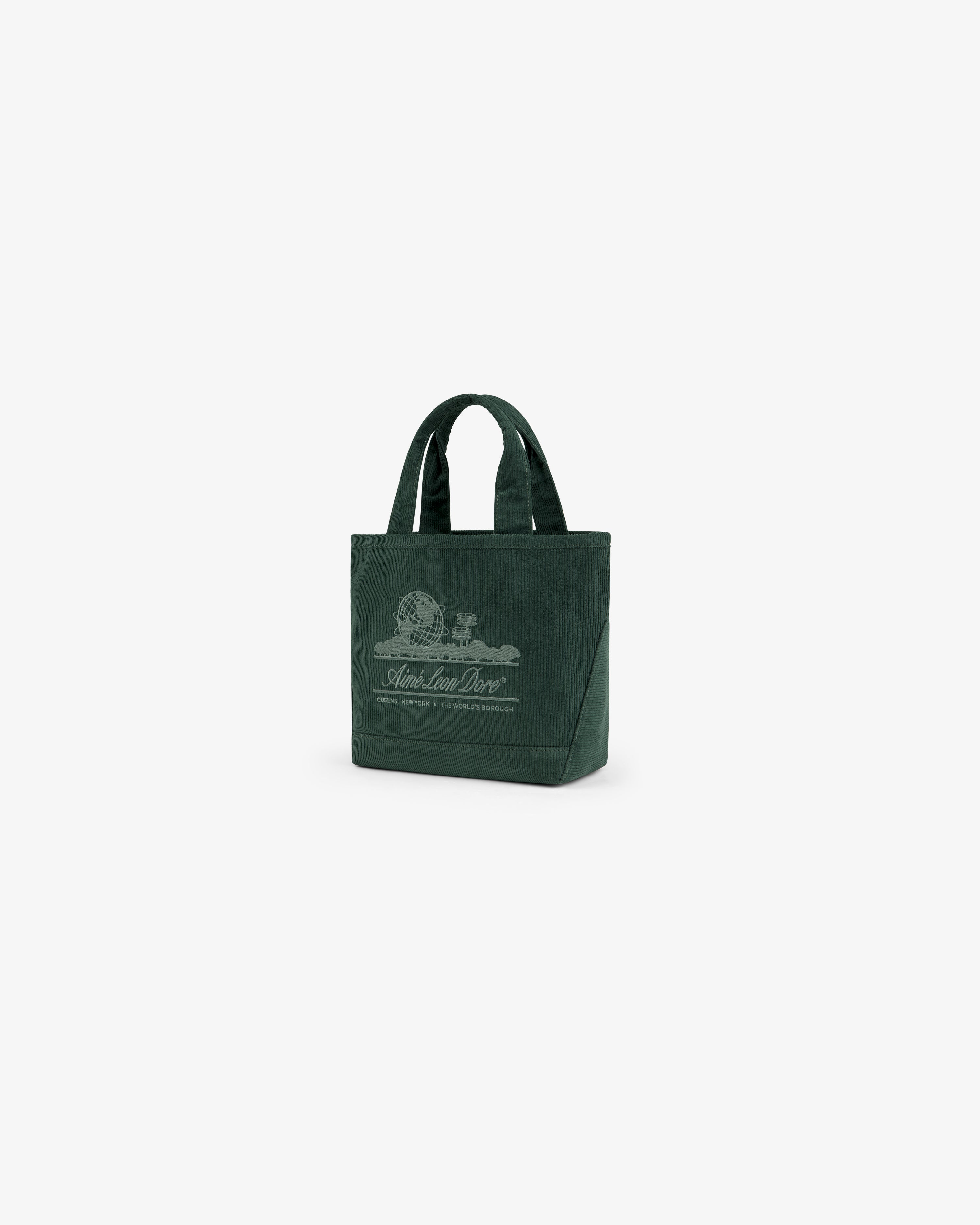 Dark green Mini Corduroy Unisphere Tote Bag with a globe logo and white text printed on the front.