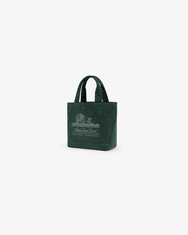 Dark green Mini Corduroy Unisphere Tote Bag with a globe logo and white text printed on the front.