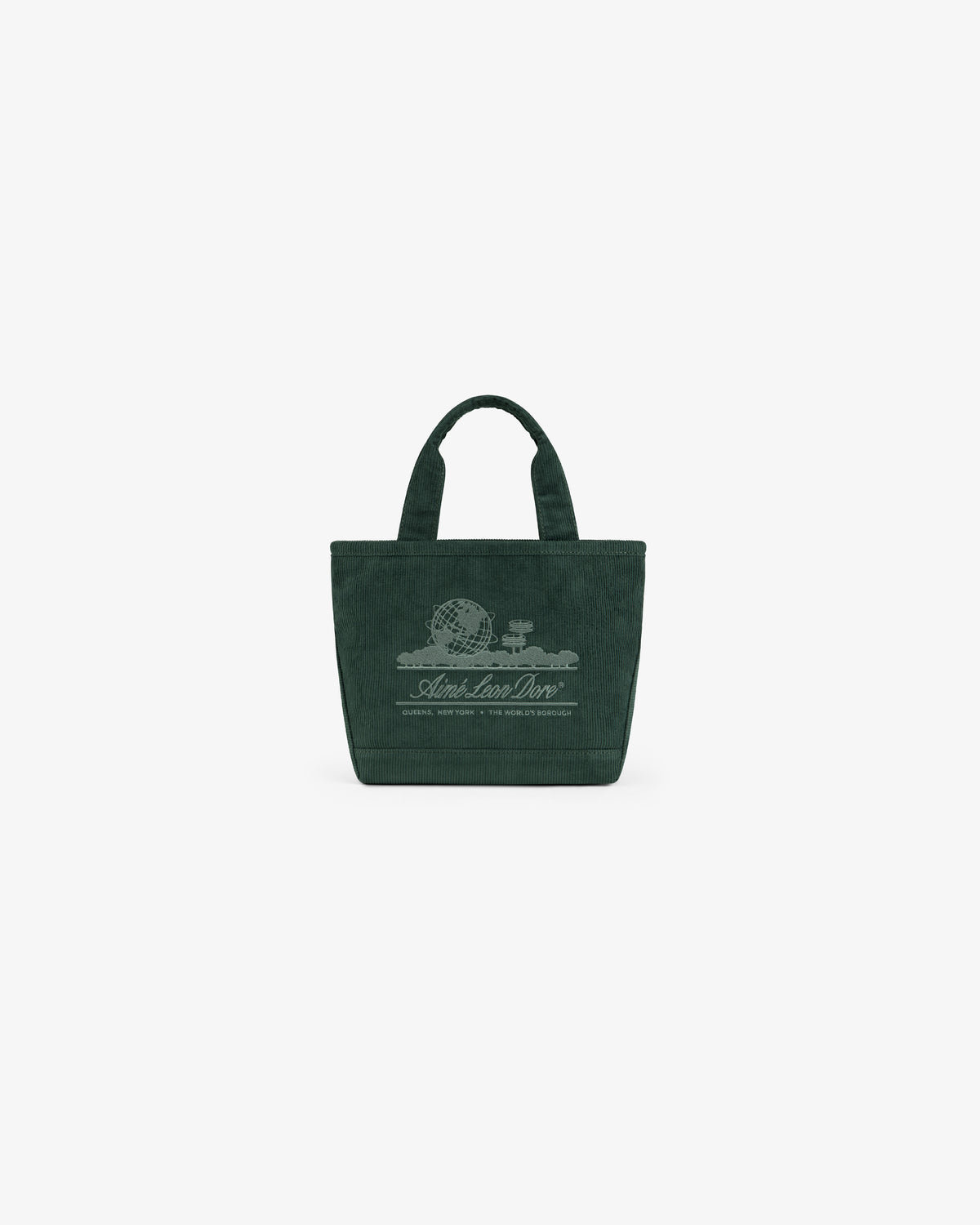 Mini Corduroy Unisphere Tote Bag in dark green with a Unisphere logo graphic on the front.