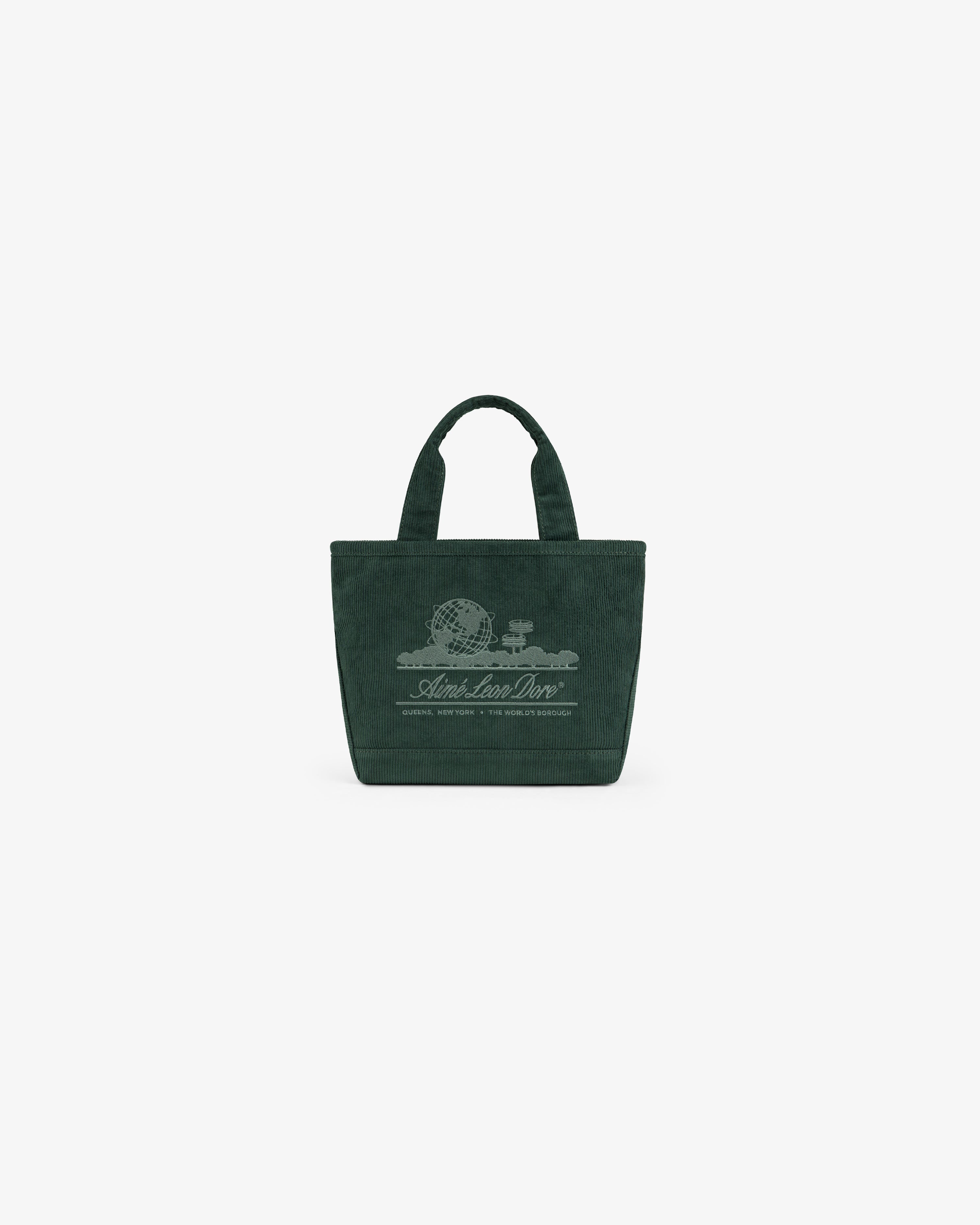 Mini Corduroy Unisphere Tote Bag in dark green with a Unisphere logo graphic on the front.