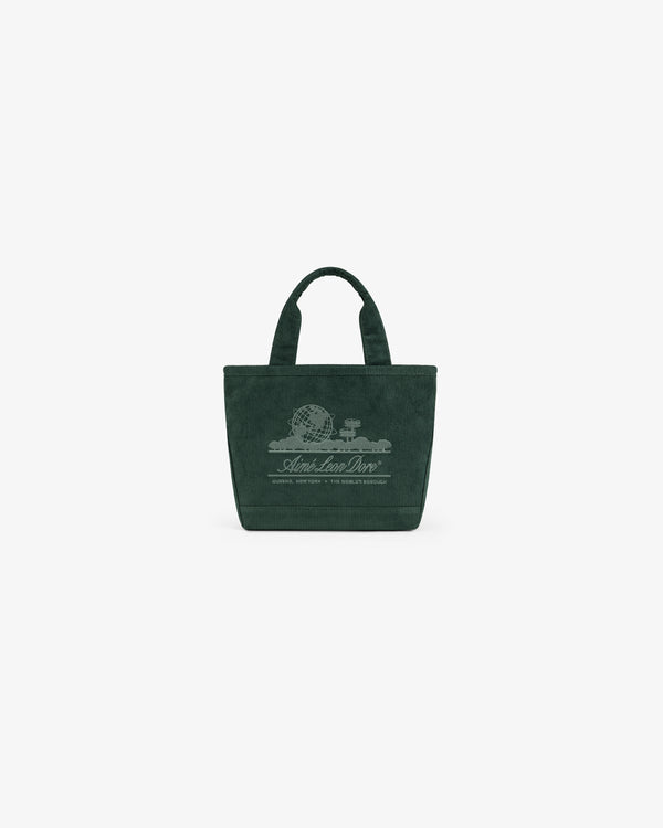 Mini Corduroy Unisphere Tote Bag in dark green with a Unisphere logo graphic on the front.