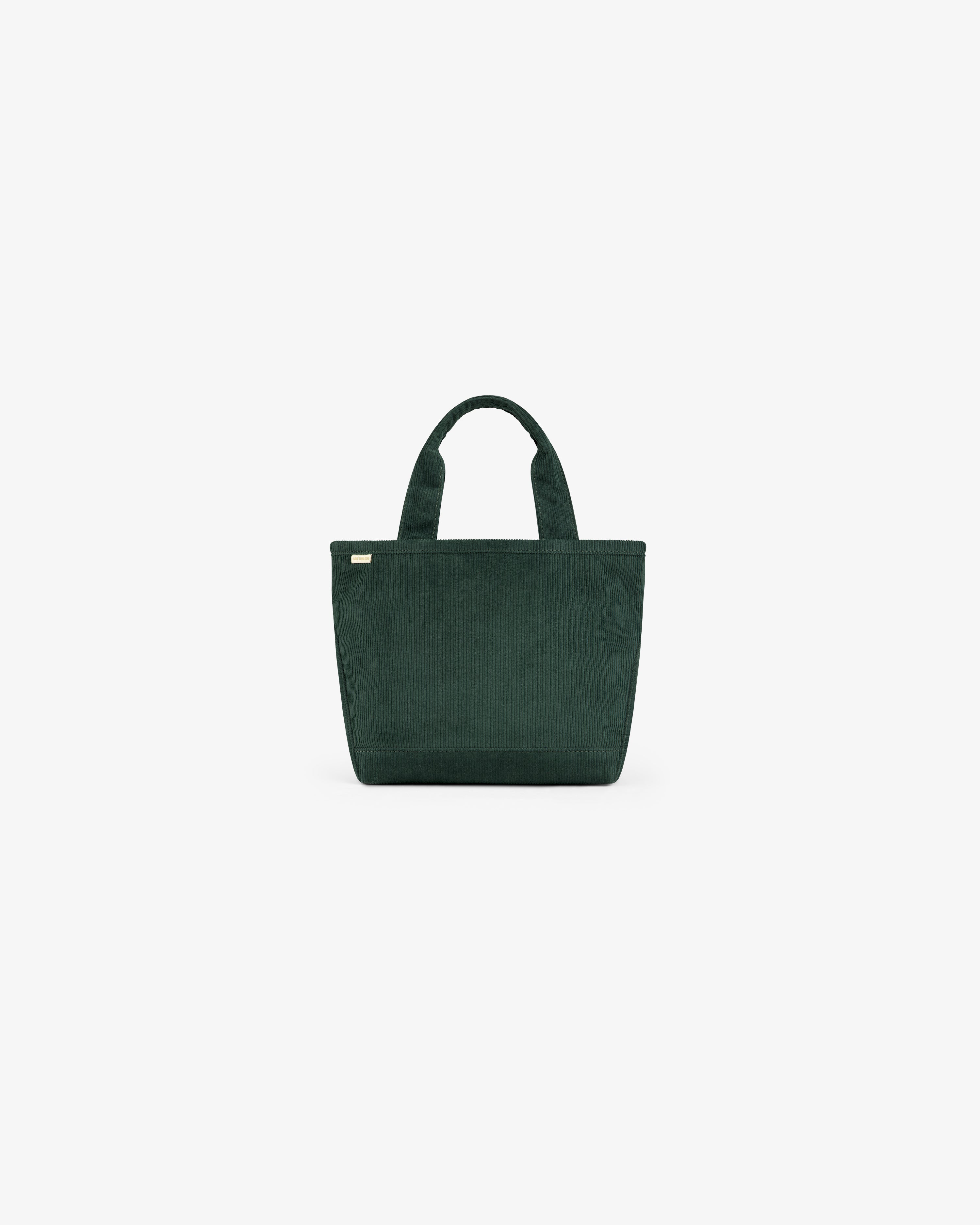 Small dark green Mini Corduroy Unisphere Tote Bag with two handles.