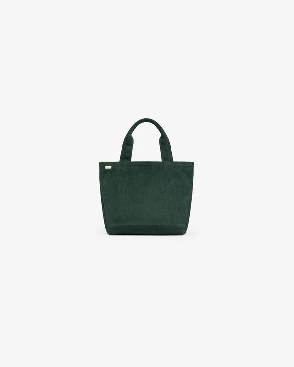 Small dark green Mini Corduroy Unisphere Tote Bag with two handles.