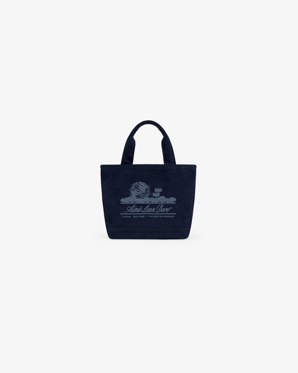 Navy blue corduroy Mini Corduroy Unisphere Tote Bag with an embroidered globe logo and text on the front.