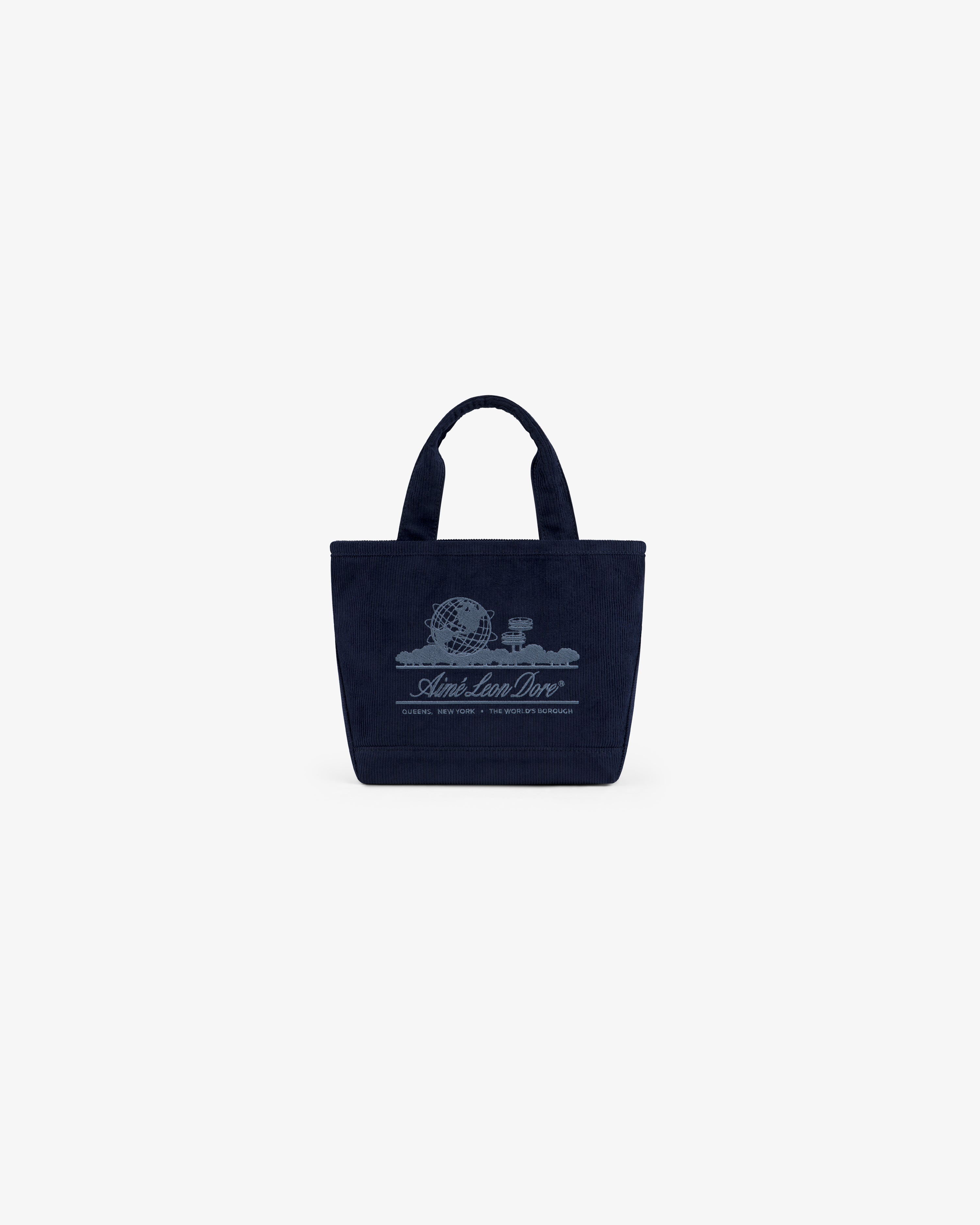 Navy blue corduroy Mini Corduroy Unisphere Tote Bag with an embroidered globe logo and text on the front.