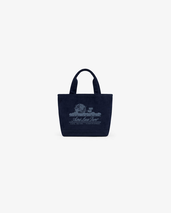 Navy blue corduroy Mini Corduroy Unisphere Tote Bag with an embroidered globe logo and text on the front.