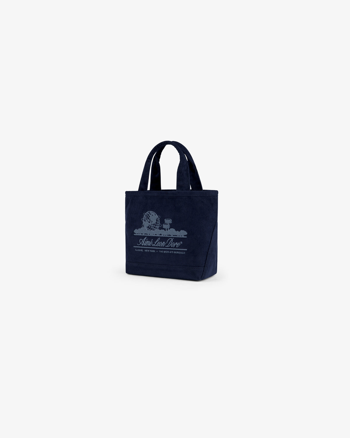 Navy blue corduroy Mini Corduroy Unisphere Tote Bag with a globe graphic and printed text on the front.