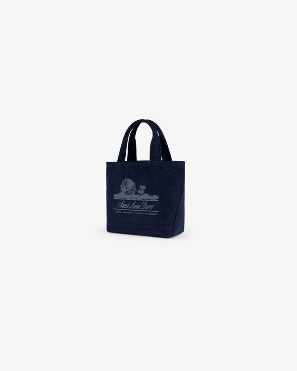 Navy blue corduroy Mini Corduroy Unisphere Tote Bag with a globe graphic and printed text on the front.