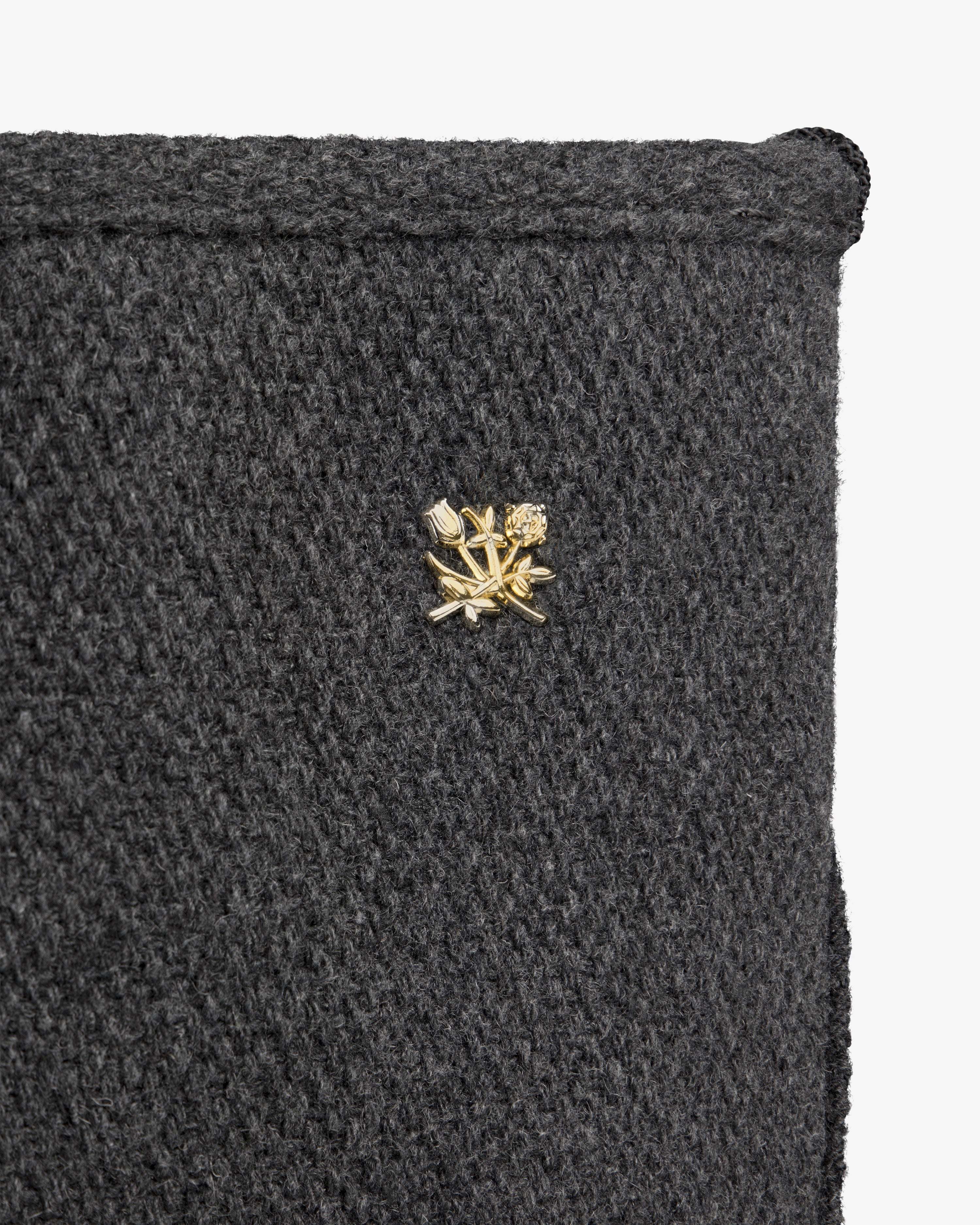 NY Highlanders Wool Tote Bag in dark gray wool featuring a gold-toned metal flower pin.