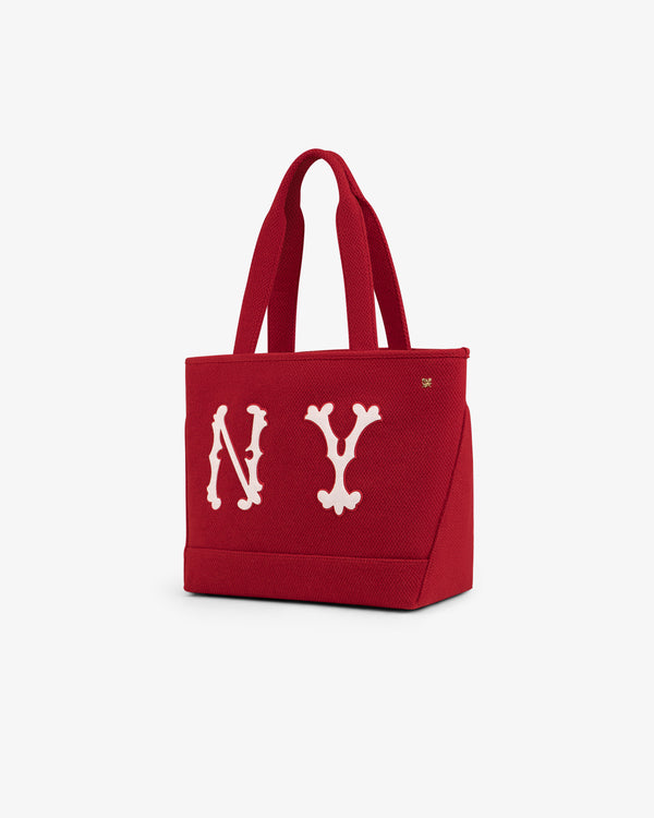 Red NY Highlanders Wool Tote Bag with NY appliqued on the front in white letters.