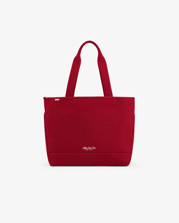 Red textured wool NY Highlanders Wool Tote Bag with dual shoulder straps and a small logo embroidered on the front.