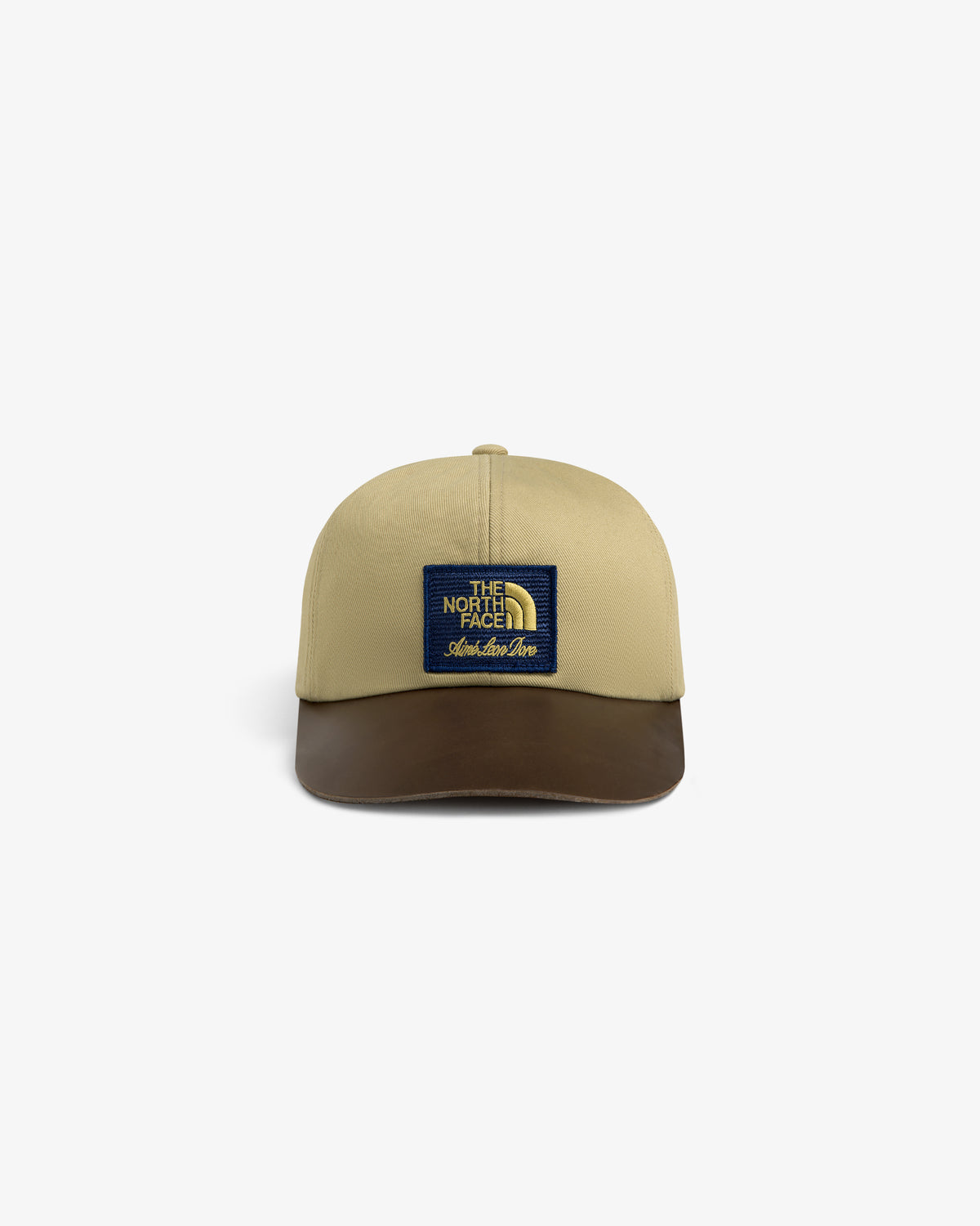 ALD / The North Face Leather Brim Logo Hat in tan and brown with front logo patch, shown against a white background.