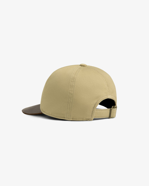 ALD/The North Face Leather Brim Logo Hat in khaki, back view, dark brown brim, adjustable strap.