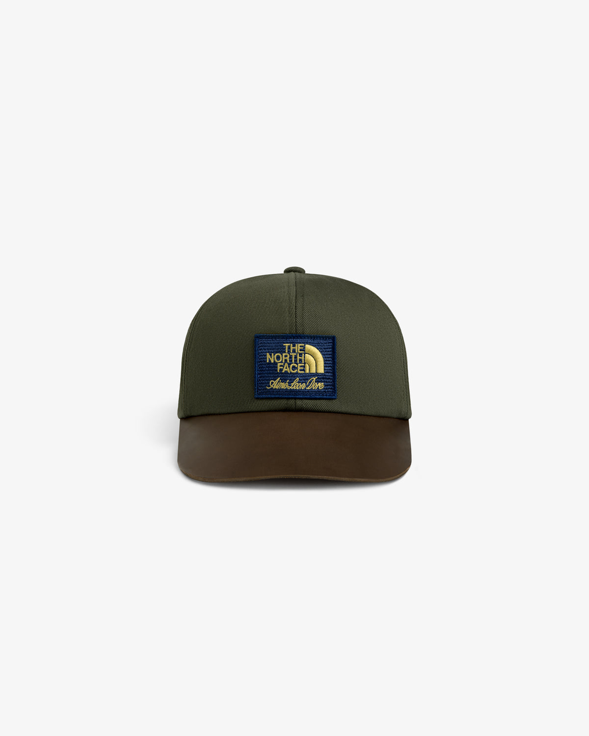 ALD / The North Face Leather Brim Logo Hat in green and brown, front logo patch, shown on a white background.