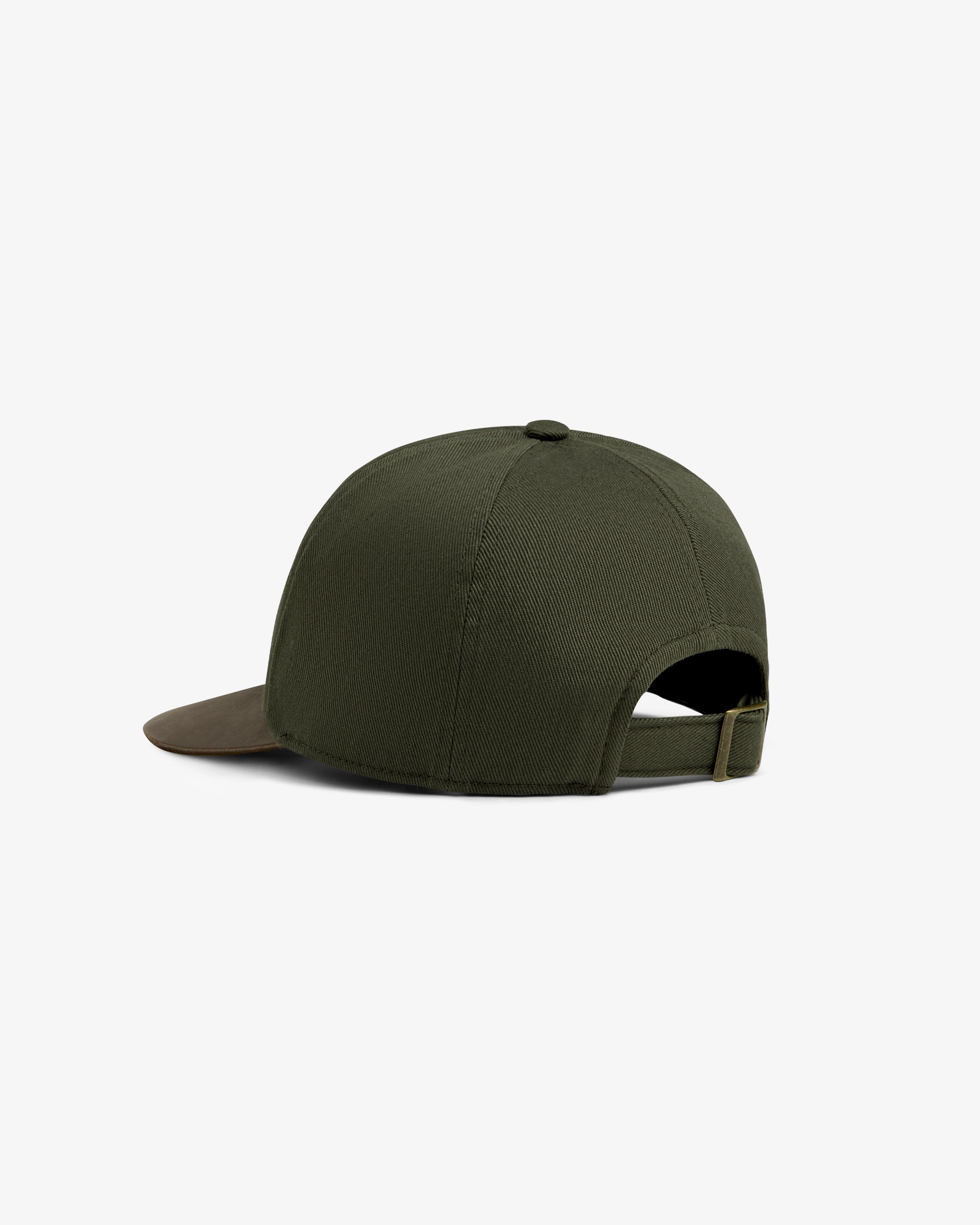 ALD / The North Face Leather Brim Logo Hat, dark green with brown brim, back view, adjustable strap, white background.