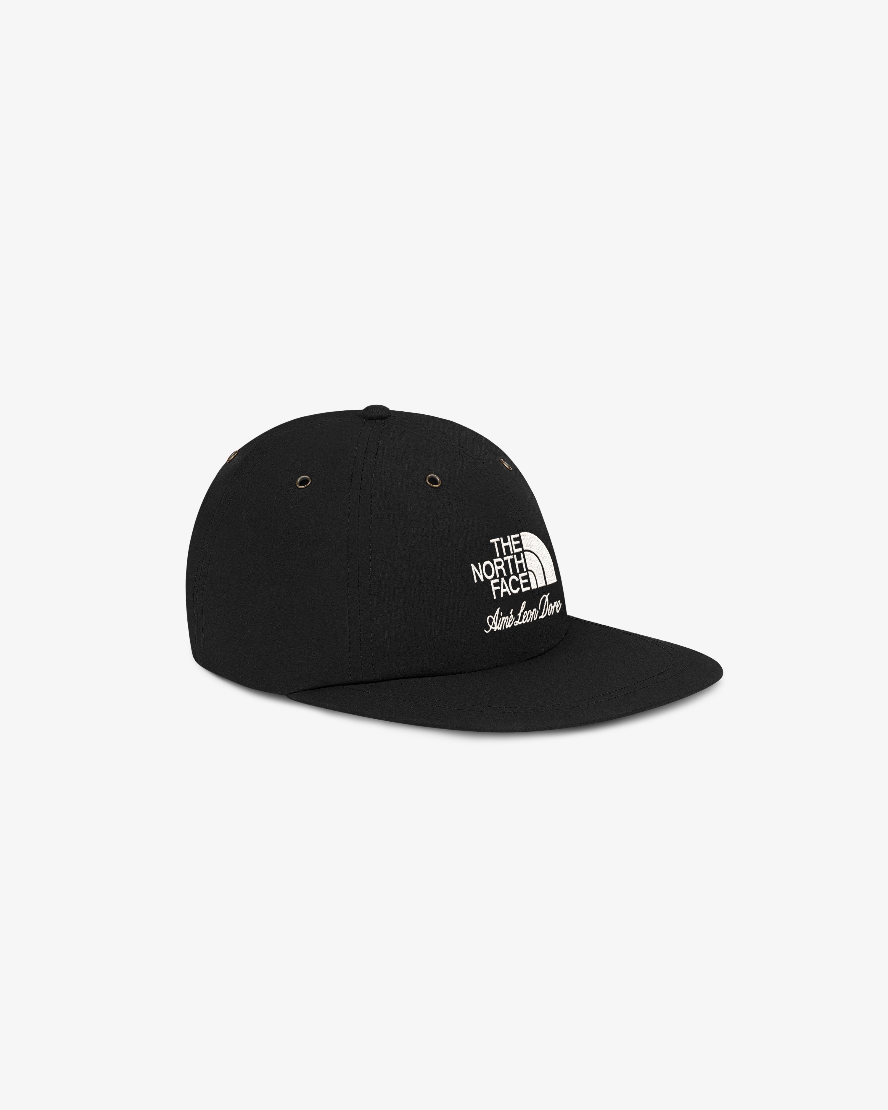 Black ALD / The North Face Nylon Logo Hat with white logo, shown angled on a plain white background.