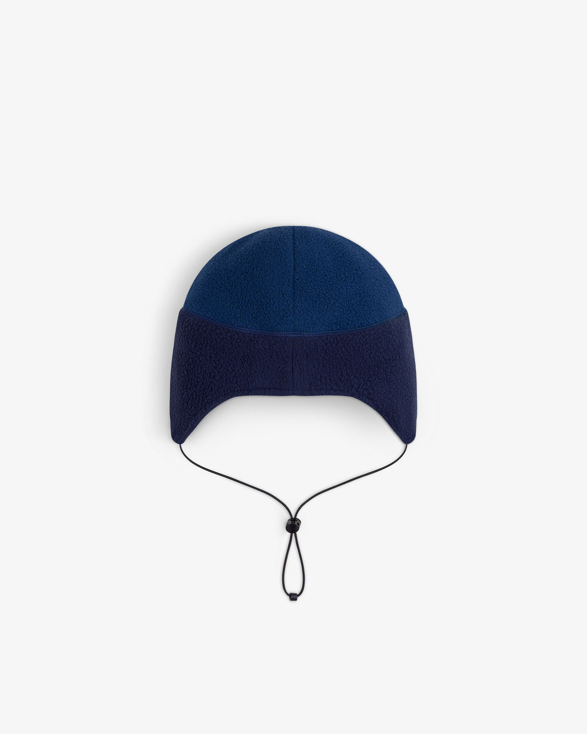 ALD / The North Face Fleece Earflap Hat, blue with black drawstring, shown on a white background.