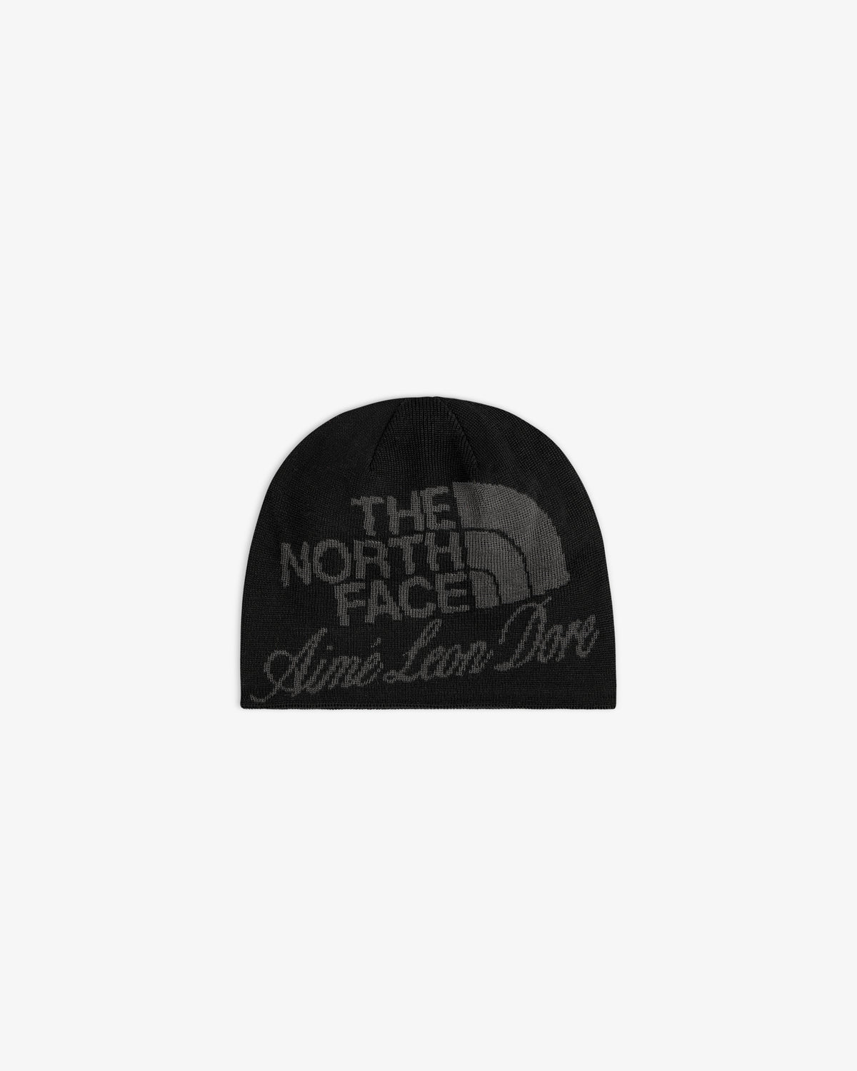 ALD / The North Face Jacquard Beanie in black with both brands’ logos in dark grey on the front.