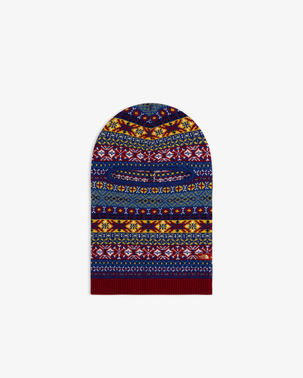 ALD / The North Face Fair Isle Balaclava with vibrant blue, red, yellow, and white horizontal knit patterns.