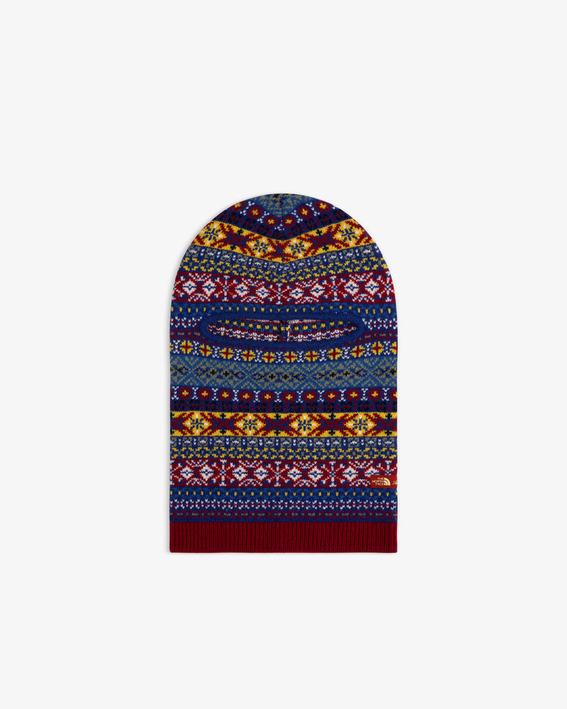 ALD / The North Face Fair Isle Balaclava with vibrant blue, red, yellow, and white horizontal knit patterns.