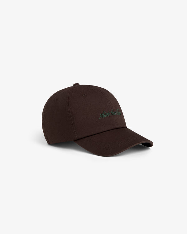 Washed Script Chino Hat in dark brown with green embroidery, shown on a plain white background.