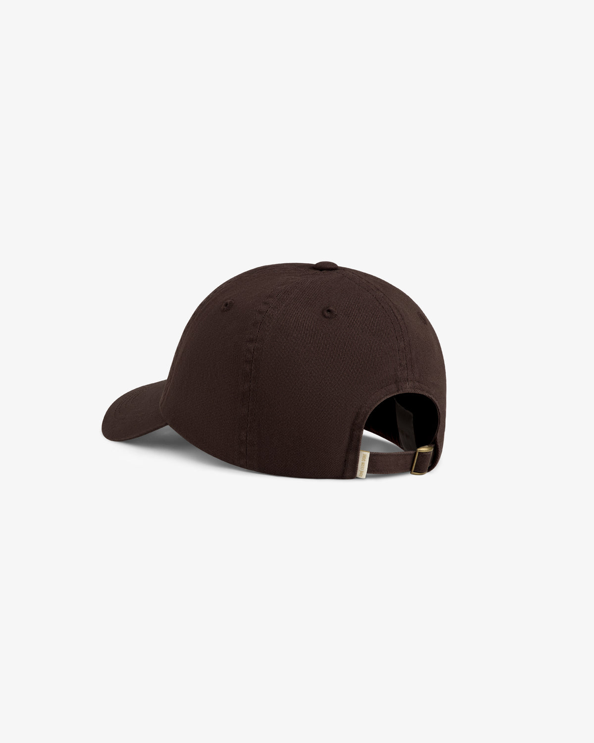 Washed Script Chino Hat in dark brown, shown from the back with adjustable strap and metal buckle.