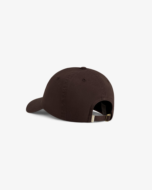 Washed Script Chino Hat in dark brown, shown from the back with adjustable strap and metal buckle.