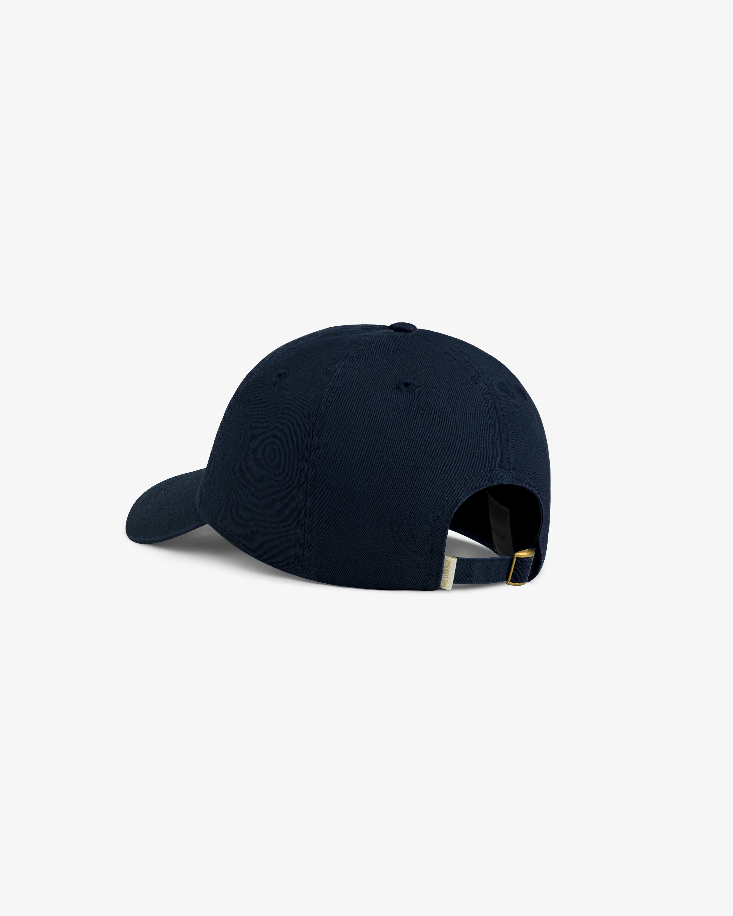 Washed Script Chino Hat in navy, shown from the back with adjustable strap and metal clasp.