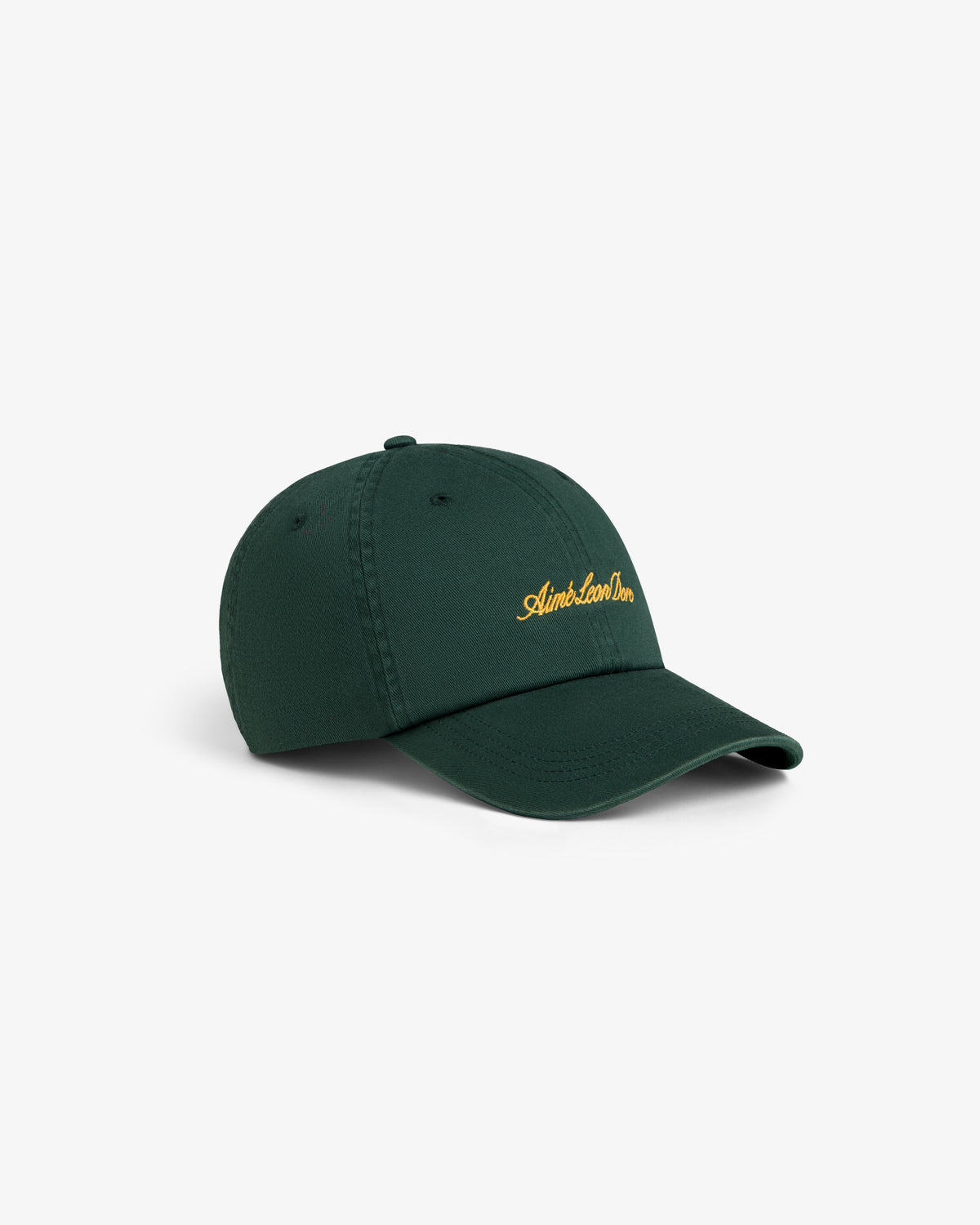 Washed Script Chino Hat in dark green with yellow embroidery, shown against a plain white background.