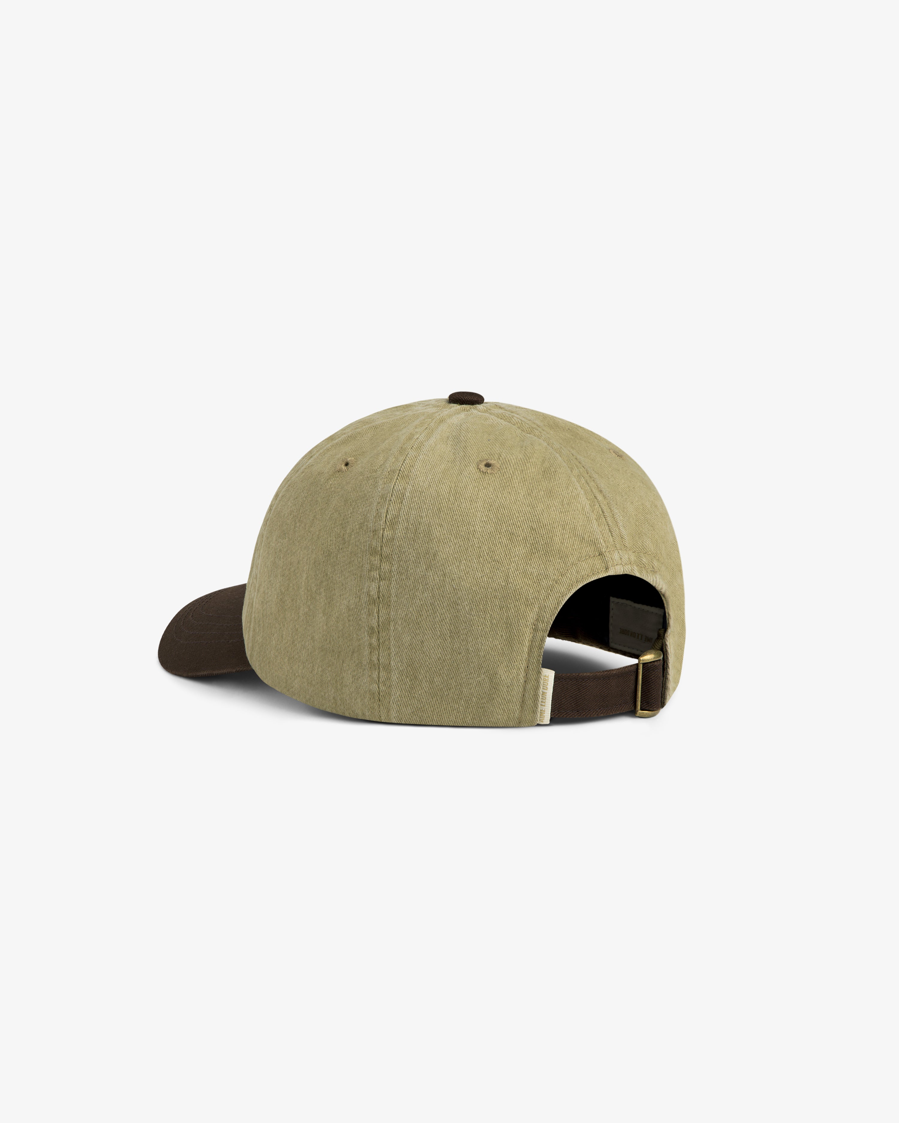 Pigment Dyed Logo Hat in khaki with a dark brown brim, shown from the back with adjustable strap and buckle.