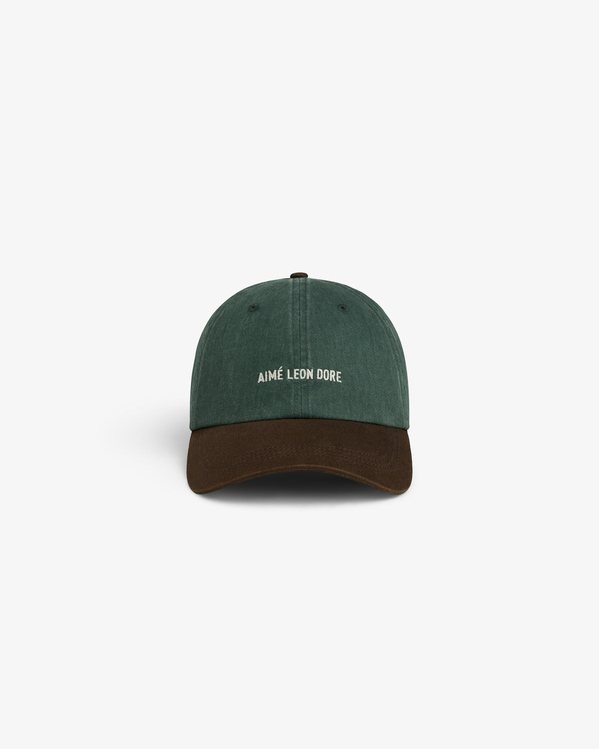 Green and brown Pigment Dyed Logo Hat with white AIMÉ LEON DORE front embroidery, shown on a white background.