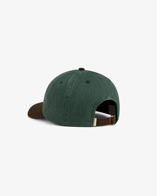 Pigment Dyed Logo Hat in green with brown brim, shown from back with adjustable strap and metal buckle.