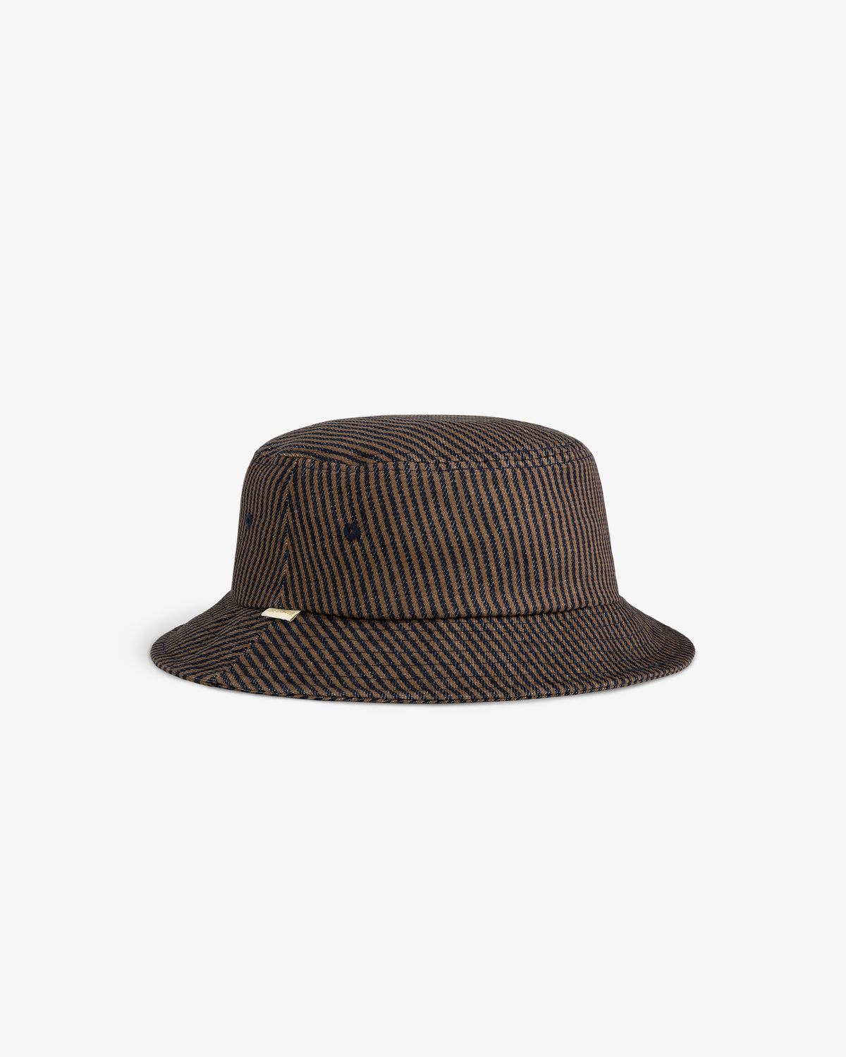 Hickory Stripe Bucket Hat in brown and black with gold tag on the left side, shown on white background.