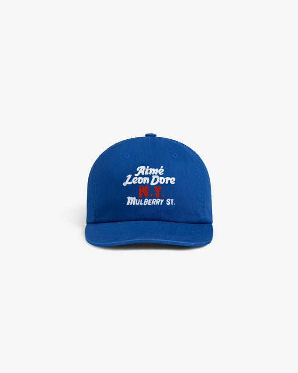 Mulberry Chainstitch Hat in blue with Aimé Leon Dore N.Y. Mulberry St. chainstitched in white, red, and blue on front.
