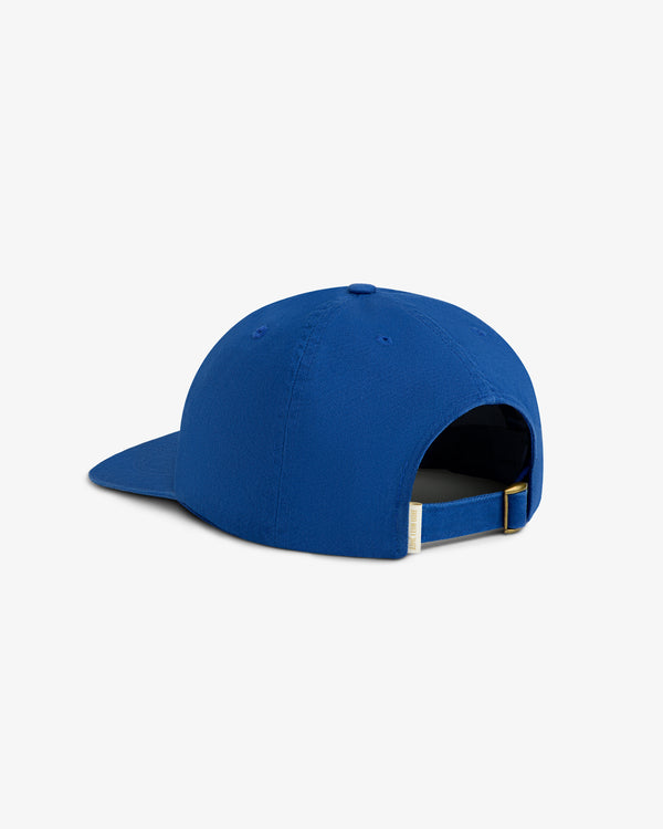 Mulberry Chainstitch Hat in blue, shown from the back with adjustable strap and gold-tone buckle.