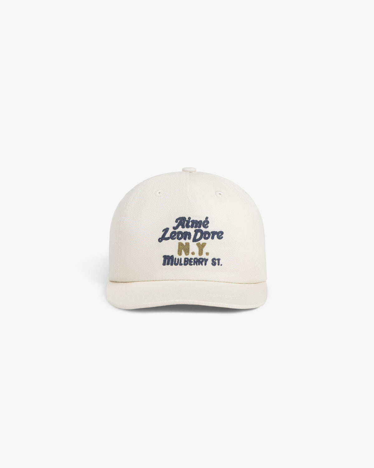 Cream Mulberry Chainstitch Hat with blue “Aimé Leon Dore N.Y. MULBERRY ST.” text on the front.