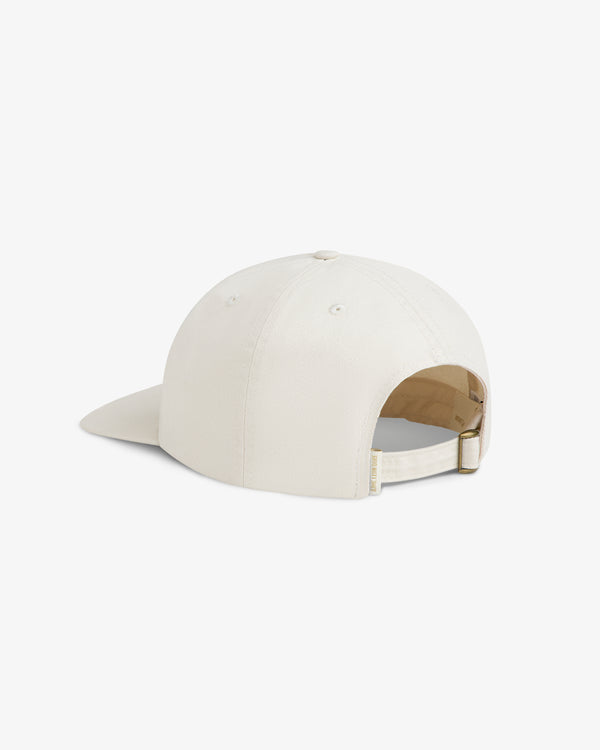 Mulberry Chainstitch Hat in beige, shown from the back with adjustable strap and metal buckle.
